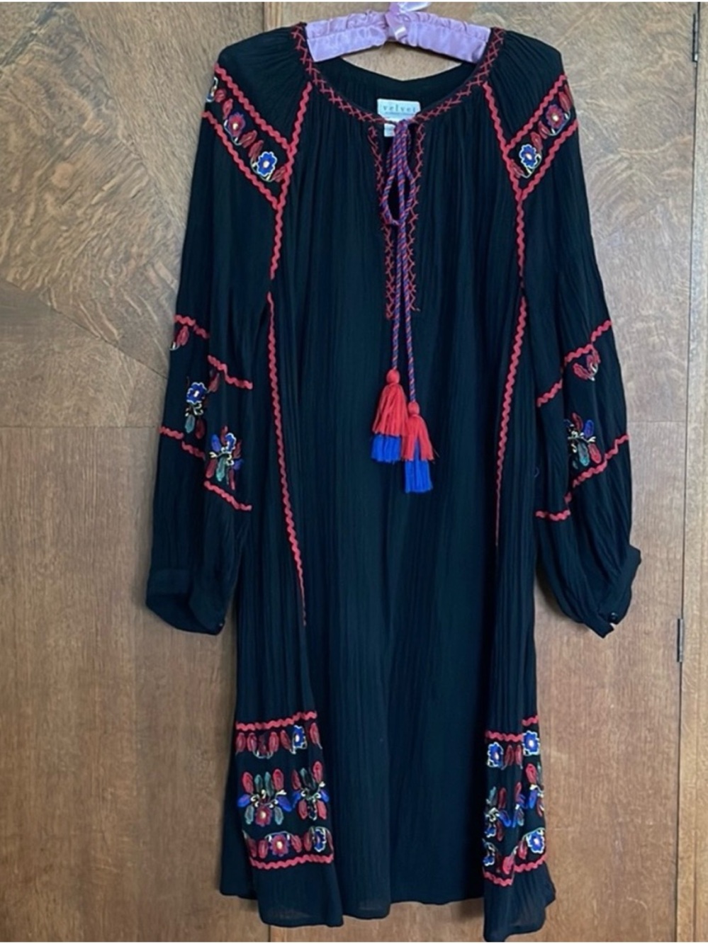Beautiful Velvet Graham & Spencer embroidered ric rac tassels peasant dress